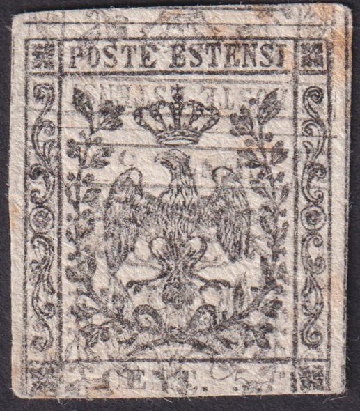 Italiaanse oude staten - Modena 1852 - Prova del c.5 su carta bianca vergata orizzontalmente con leggera doppia stampa di cui una capovolta - Sassone N. P20 (nota pag. 131 Sassone 2022)