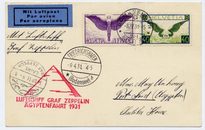 Schweiz 1931 - Zeppelin LZ 127 : Ägyptenfahrt - Egypt flight : post card to Port Said - Michel 164 - Sieger 104