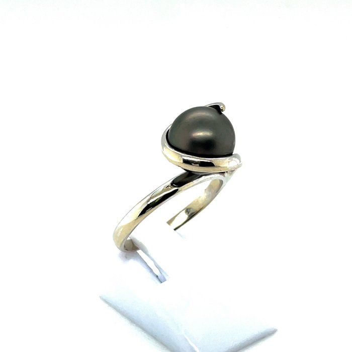 Image 3 of 9,40 mm Ø - 18 kt. Gold, Tahitian pearl, White gold - Ring