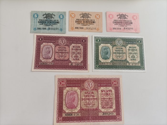 Italy, Cassa Veneta dei Prestiti - Lotto 6 banconote Lire 1918 - Gigante CVP 1A, 2A, 4A, 5A, 7A