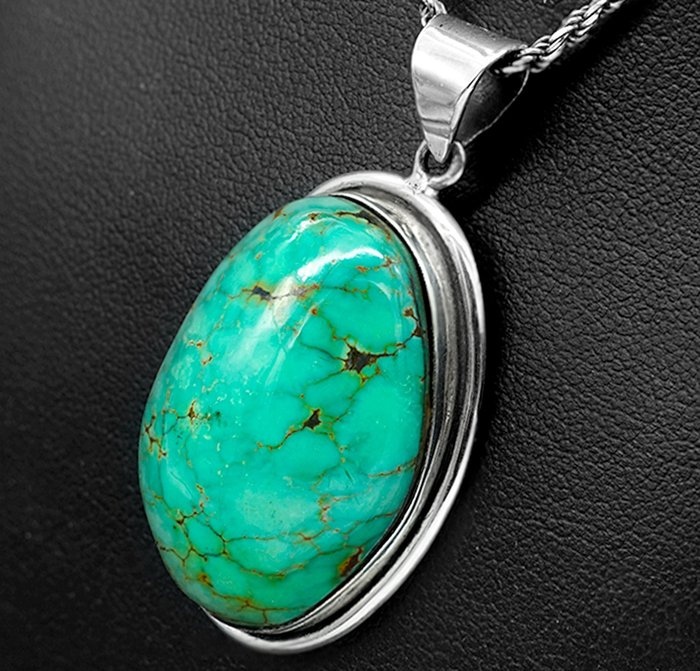 Turchese Large Vintage Turquoise Sterling Silver Pendant - 48.5×25×12.5 mm - 14.4 g