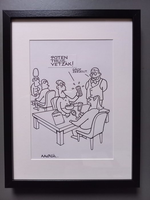 AAaRGh... (Mario De Koninck) INGEKADERDE originele cartoontekening + album met dédicace - CulinAAaRGh... op restaurant - (2021)