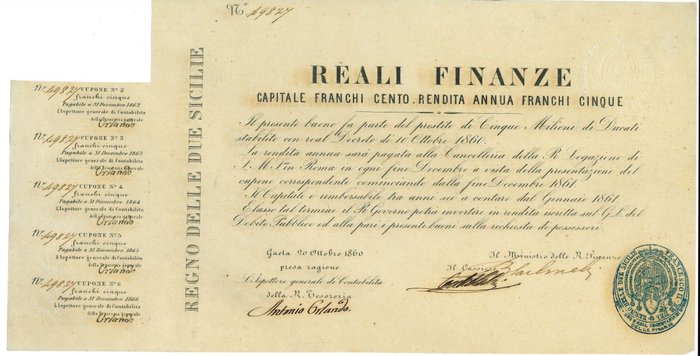 Italië, Koninkrijk van Twee Sicilies - Reali Finanze 100 Franchi Franc 1860 con cedole firma Originale Carbonelli ministro del Re - Assedio di Gaeta