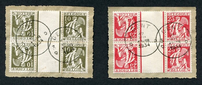 Belgique 1932 - Inverted stamps with an intermediate panel - Ceres - Cancelled GENT in a BLOCK - OBP KT13/KT14