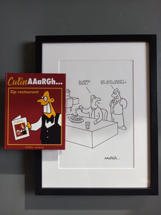 AAaRGh... (Mario De Koninck) INGEKADERDE originele cartoontekening + album met dédicace - CulinAAaRGh... op restaurant - (2021)