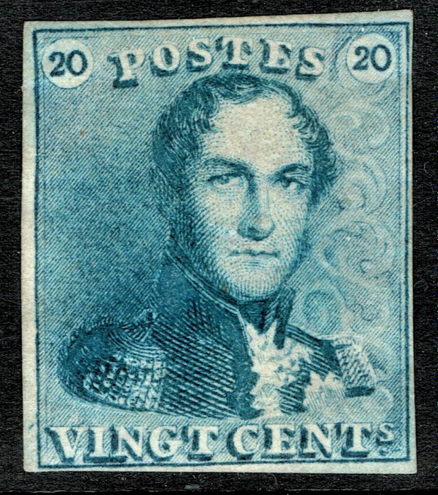 Belgium 1849 - Leopold I Epaulet 20 centimes - LIGHT BLUE - Beautiful Margins - OBP 2a