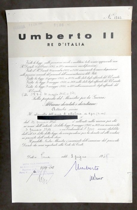 Umberto II Re d'Italia - Autografo; Decreto militare - 1946