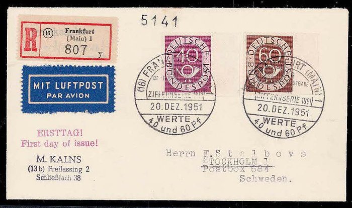 Deutschland, Bundesrepublik 1951 - 40Pf und 60Pf Posthorn auf seltenem Ersttagsbrief nach Schweden - Michel 133,135