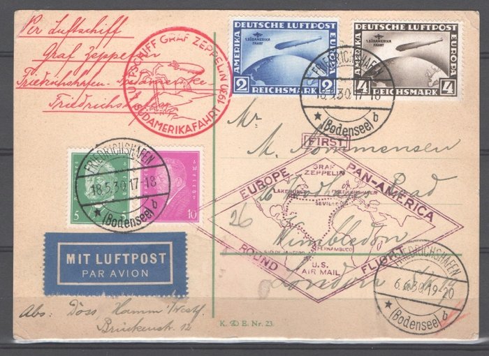 German Empire - Südamerikafahrt 1930 Postcard to London w/Mi 438/39