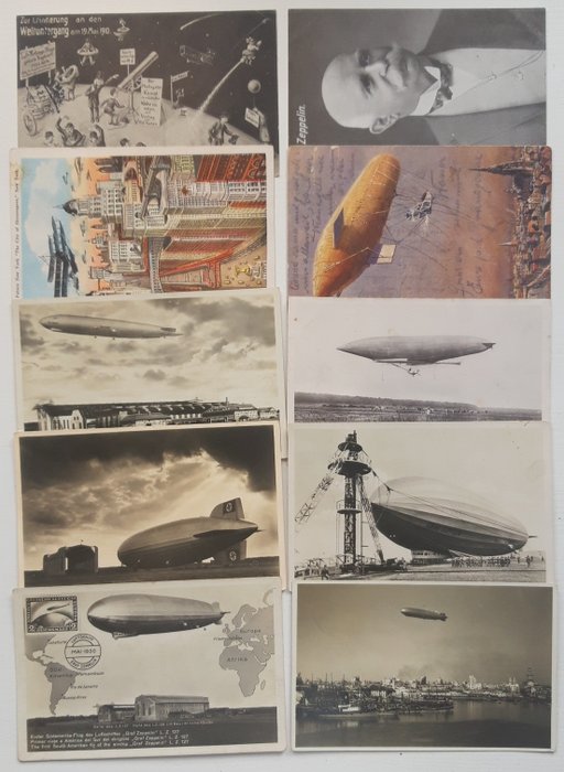 Deutschland, Frankreich, USA - Astronomie, Luftfahrt, Luftschiffe (Ballons, Zeppeline und Luftschiffe) - Postkarten (Sammlung von 10) - 1915-1935