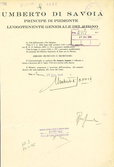 King Umberto II Savoy - Autograph; Signed decree - 1944