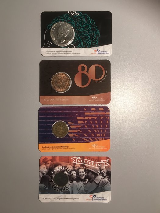 Netherlands. Lot van 4 coincards KNM '1 cent - 1 cent zink - 2 1/2 cent - 1 gulden Wilhelmina'