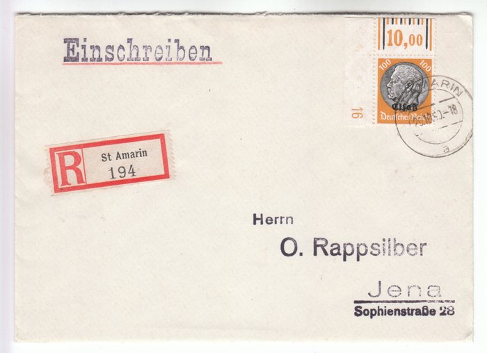German Empire - Occupation of the Elzas (1940) - Maximum-value “Hindenburg” overprint stamp from the corner margin with plate number on registered - Michel-Nr. 16 W OR auf Brief