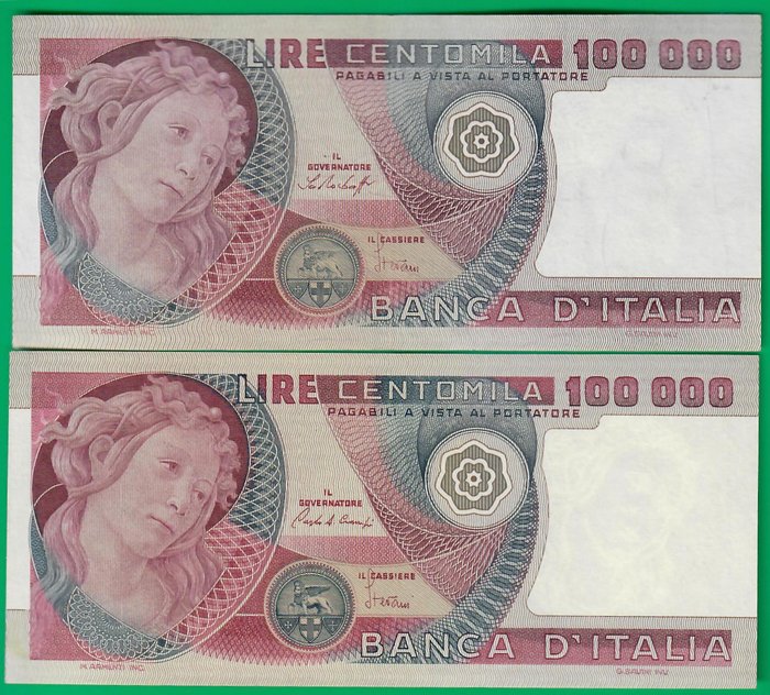 Italië - 2 x 100.000 Lire 20/06/1978 e 01/07/1980 "Primavera di Botticelli" - Gigante 83A, 83B; Pick 108a, 108b