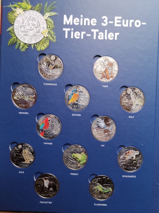 Österreich. 3 Euro 2016/2019 'Tier Taler' (12 pieces) in folder