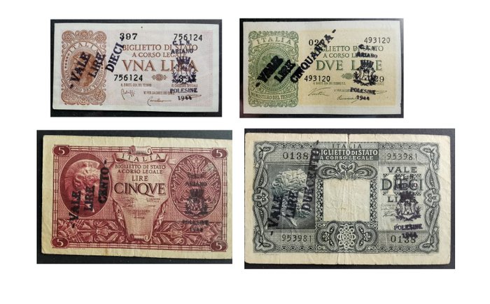 Italië - Lotto 4 banconote Lire 1944 - sovrastampa C.L.N. di Ariano Polesine