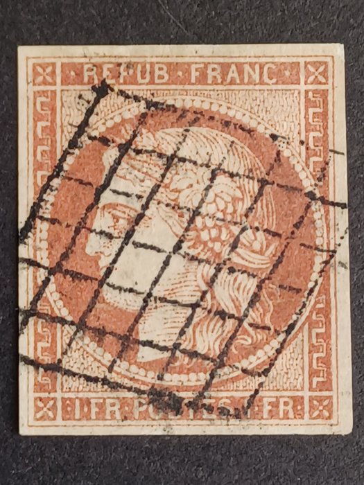 France 1849 - Ceres N° 7B, 1fr dull vermilion, grid cancellation, very nice looking, signed + Calves certificate. - Yvert