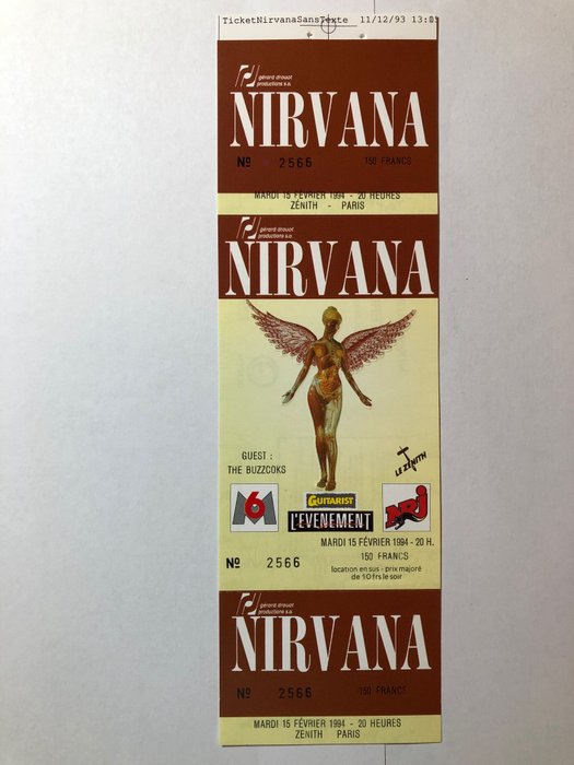 Nirvana - Official Concert Ticket - Le Zenith Paris France- No. 2566 - Bilhete (de concerto) oficial - 1994/1994