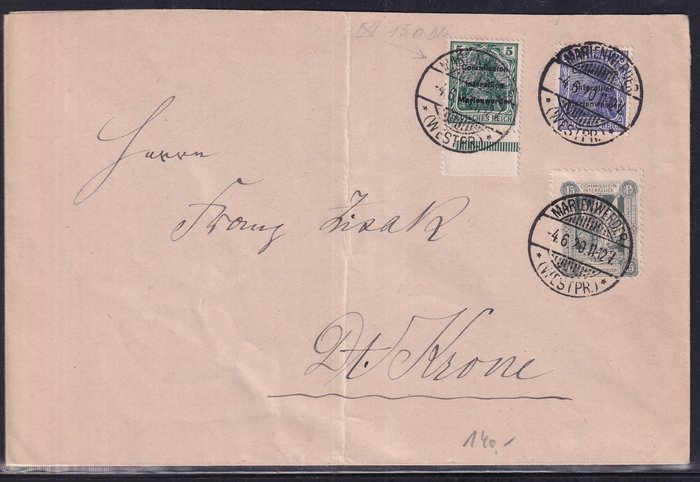 Marienwerder 1920 - Letter to Deutsch Krone. - Michel:3,  15, 16,