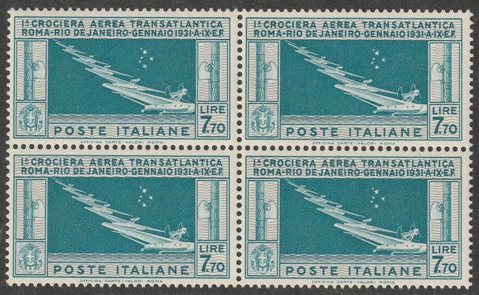 Royaume d’Italie 1930 - Balbo airmail 7.70 l. sky blue and grey, intact and rare block of four, luxury, with expert’s mark - Sassone n.25