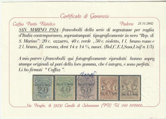 Saint-Marin 1924 - Postage due for postal order, complete intact set, rarity, luxury, 3 certificates - Sassone S.901