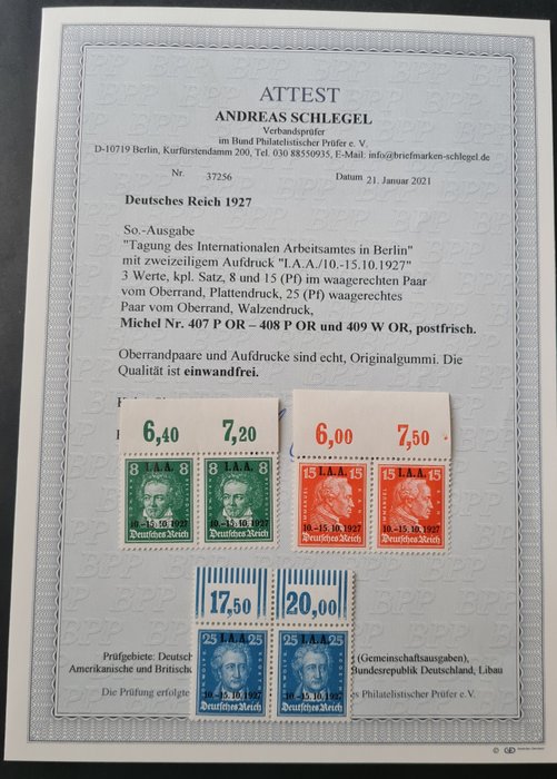 Deutsches Reich 1927 - 407 P OR- 408 P OR und 409 W OR postfrisch einwandfrei