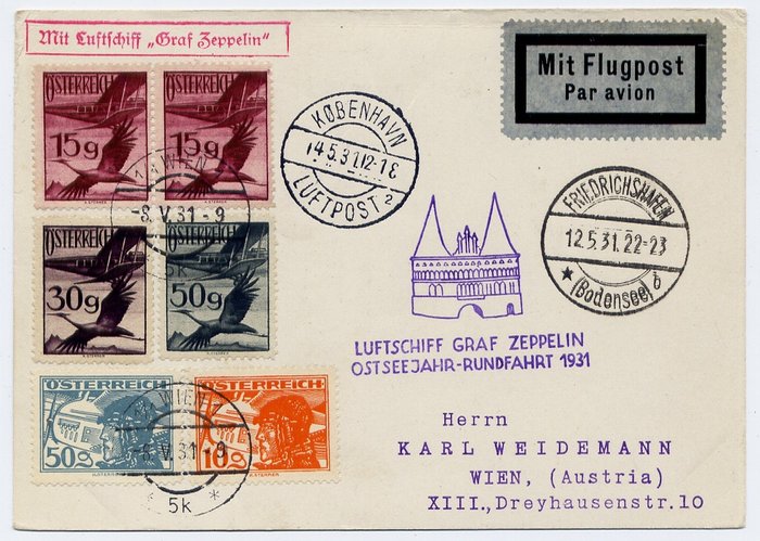 Austria 1931 - Zeppelin LZ 127 : Ostseejahr-Rundfahrt : Card Wien to Wien : Copenhagen drop - scarce - Michel 177 I a - Sieger 108