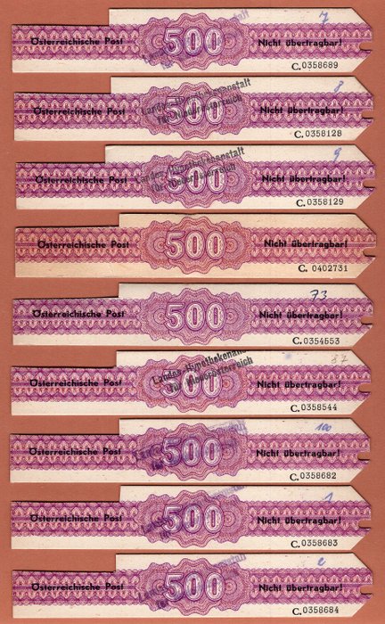 Austria 1956 - 9 pieces 500 Sch. clearance stamps, cardboard - ANK 3
