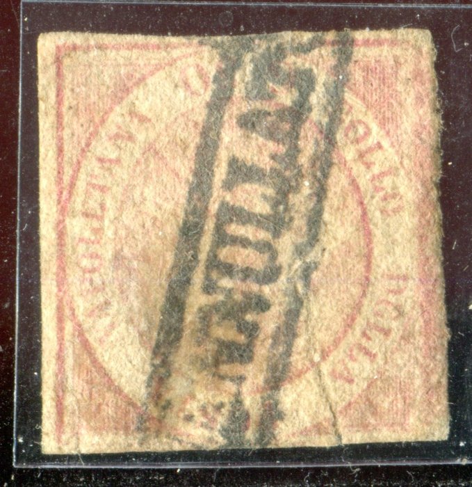 Antikke Italienske Stater - Napoli 1858 - 50 grain i den sjældne farve "Light carmine pink". Katalog €7000! - Sassone 14b.
