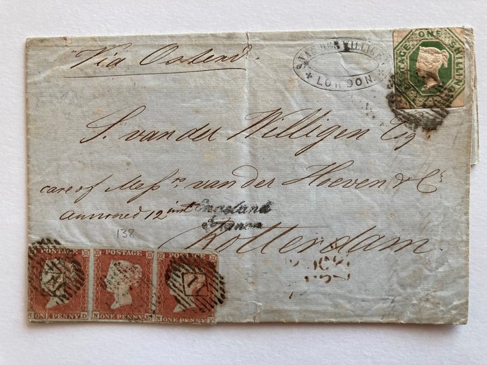 Great Britain 1841 - SG specialised SG 55 used with strip of 3 of 1841 Penny red plate 138 B2 - Bicolour franking of embossed 1 Shilling green with strip of 3 of Penny Red 1841