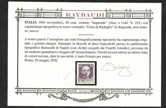 Italien CSR 1943 - November 1943, 50 cents violet ‘Imperiale’ with vermilion red overprint, diagonal Badoglio’s - Sassone N.251