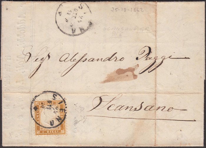 Koninkrijk Italië 1862 - Perforated issue, c. 10 yellowish bistre on letter from Siena to Scansano 25/10/62 - Sassone N. 1