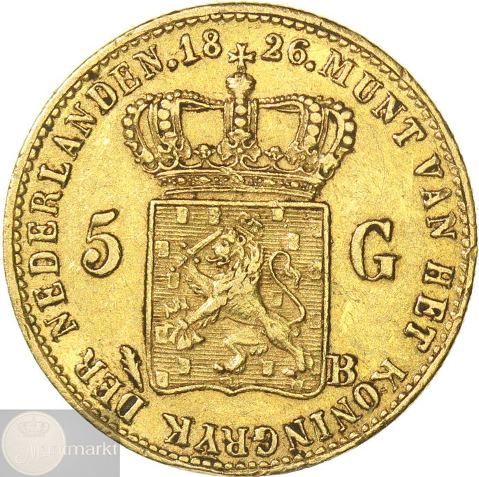 Verenigd Koninkrijk der Nederlanden. Koning Willem I. Gouden 5 gulden 1826 Brussel - Open B