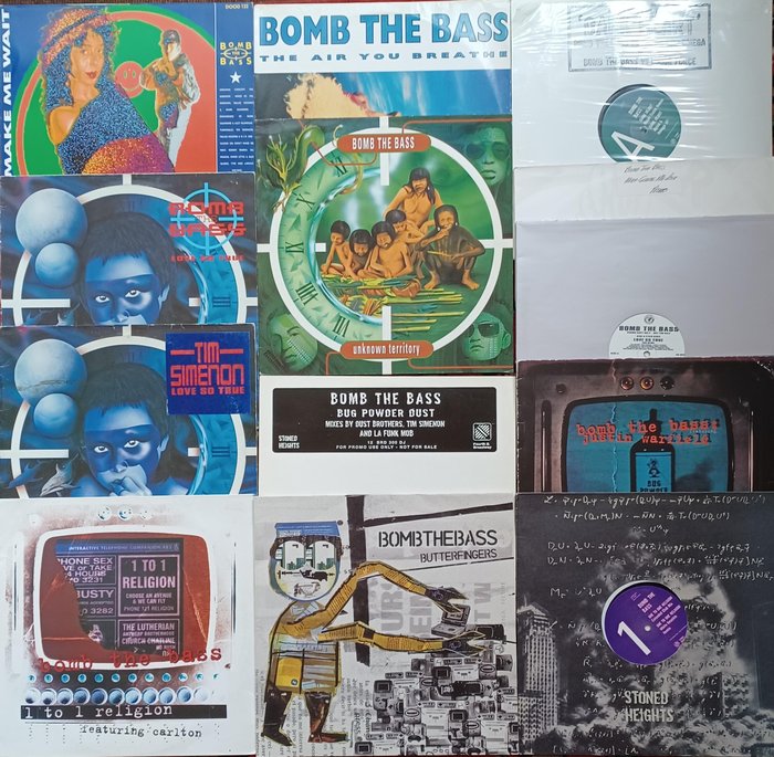 Bomb The Bass/ Tim Simenon - big lot with 13x lp, 12"maxi singles, many promo's - Diverse Titel - LP's, Maxi Single 12" - Promo-Pressung, Verschiedene Pressungen (siehe Beschreibung) - 1988/2008