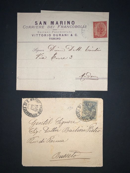 San Marino 1894/1918 - Beautiful cover ‘Pro combatants’ in complete set + 2 isolated pieces, one of which on advertising - Sassone N. 26+50+54-62
