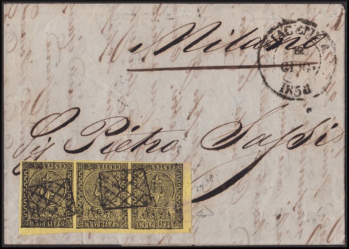 Italiaanse oude staten - Parma 1853 - I emissione, c. 5 giallo arancio striscia di tre esemplari su busta da Piacenza per Milano - Sassone N. 1