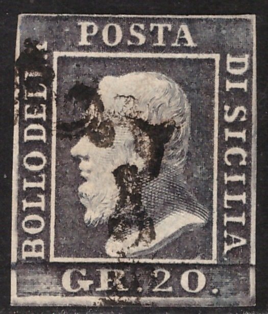 Anciens états italiens - Sicile 1859 - 20 gr purplish slate, used - Sassone n. 13d