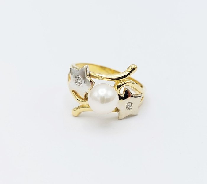 18 karat Gull, Hvitt gull - Ring Akoyaperle - Diamanter