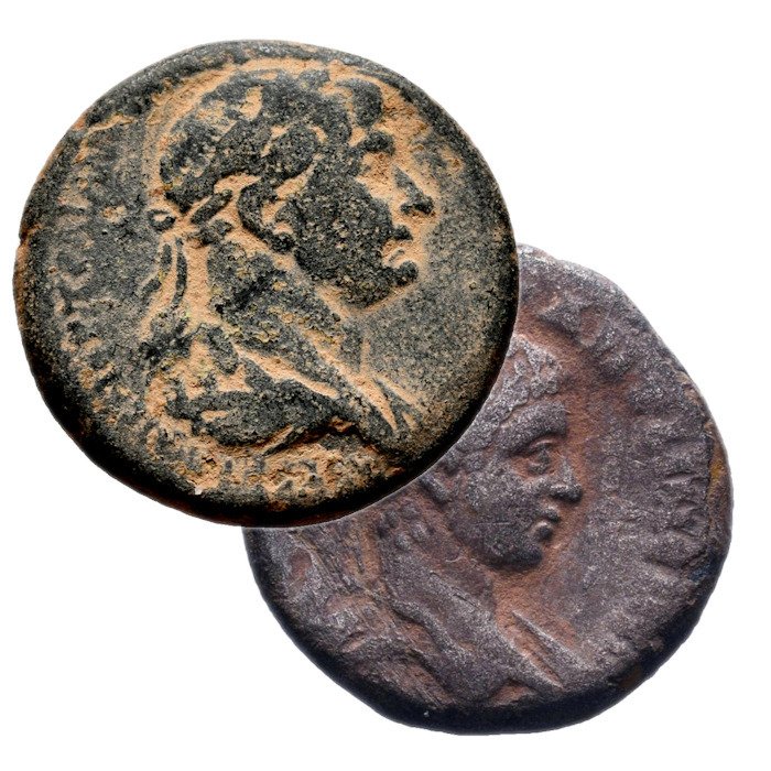 Roman Empire (Provincial). Lot of 2 coins,  Chalkis. Trajan, AD 98-117. AE / Edessa. Elagabalus. AD 218-222. AR Tetradrachm