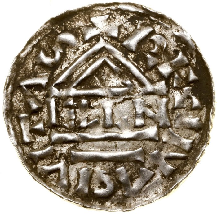 Duitsland, Regensburg. Heinrich II. der Friedfertige (985-995). Denar o.J, Kreuz/Letternkirche. Seltene Stempelvariante. R