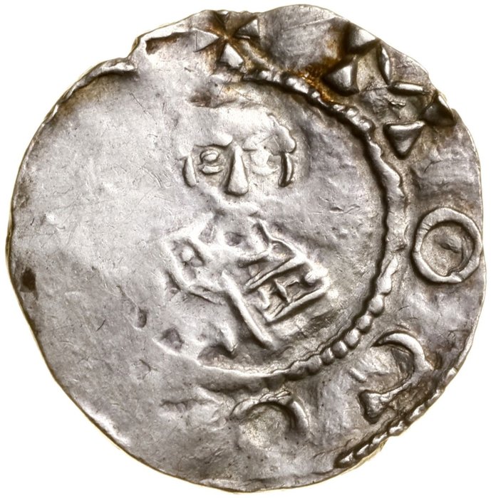 Allemagne, Mainz, Erzbistum. Willigis (975-1011). Denar o.J. (n. 1002). Brustbild des Erzbischofs/Kreuz, in den Winkeln je eine große und eine kleine Kugel.