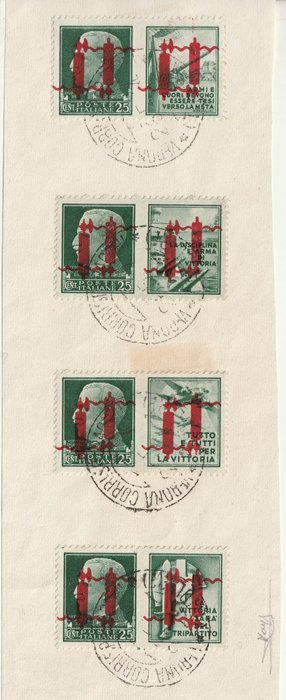 République sociale italienne - Propagande de guerre 1944 - Double overprint, one of which inverted, 25 c. overpr. error, set of the 4 values on cut out, - Sassone n.49Ab/52Ab