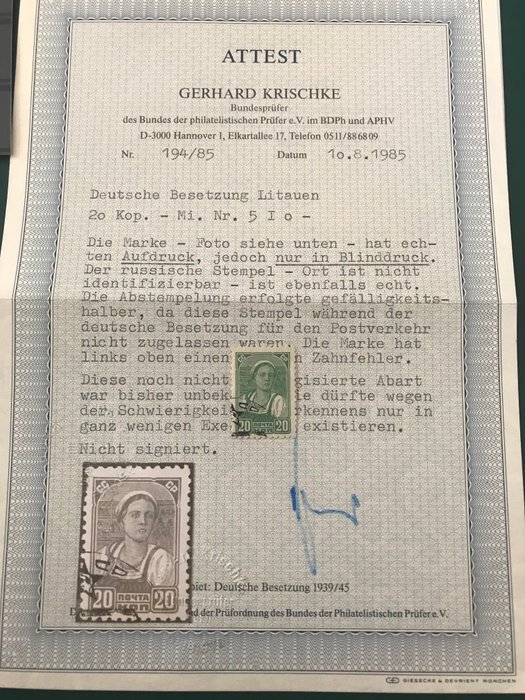 Lituania 1941 - 20 Cup with blind print - with a BPP certificate - unique - Michel 5l