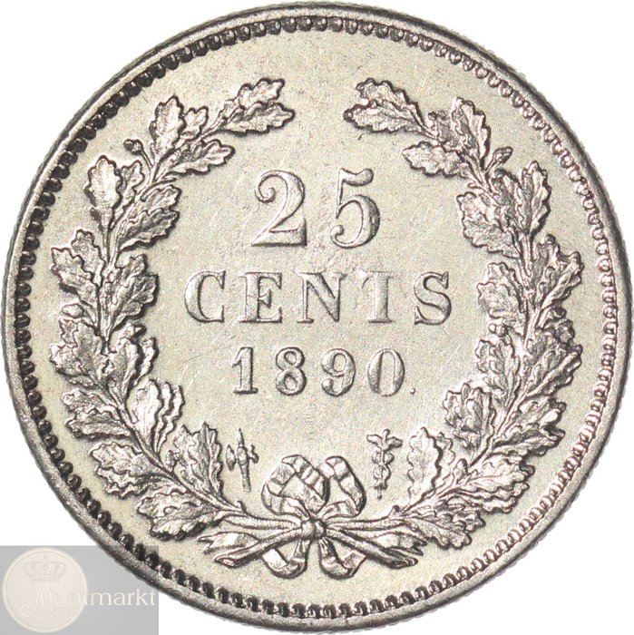 Koninkrijk der Nederlanden. Willem III. 25 Cents 1890 KWALITEIT