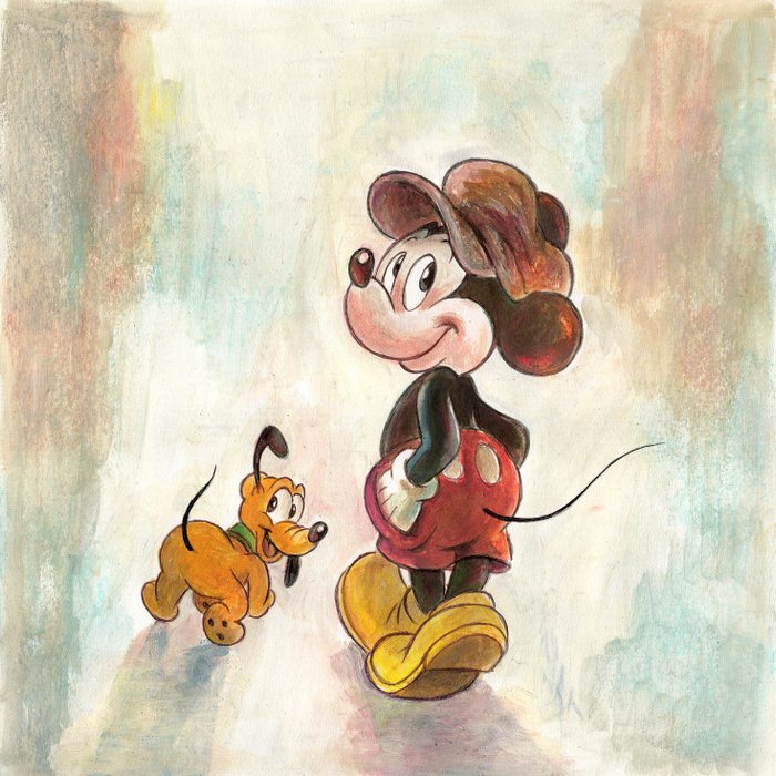 Vintage Mickey & Pluto Walk - Fine Art Giclée - 43 x 43 cm - Tony Fernandez Signed - Canvas - Eerste druk