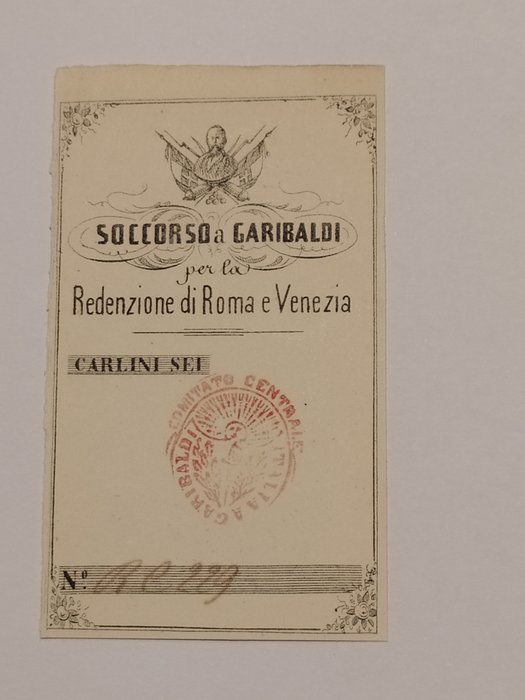 Italië - 6 Carlini 1860 - Soccorso a Garibaldi per la redenzione di Roma e Venezia - Gav. Boa. 07.114