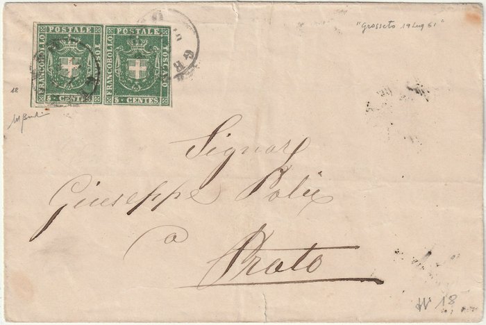 Anciens états italiens - Toscane 1861 - Provisional Government 5 c, pair, frame line at the left on cover from Grosseto to Prato - Sassone n.18+18d
