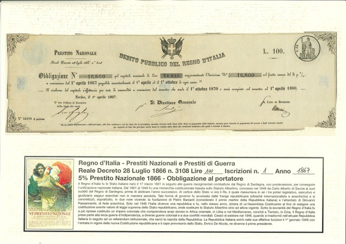 Italië, Koninkrijk Italië - Banconota / Prestito Nazionale L. 100 Lire 1867