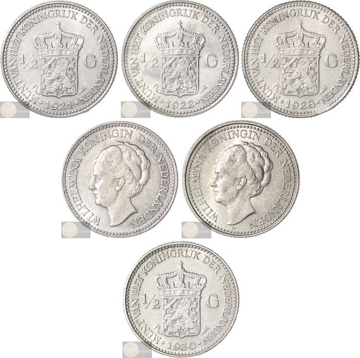 Koninkrijk der Nederlanden. Wilhelmina. 1/2 Gulden 1921 t/m 1930 compleet (6 verschillende incl. 1929 parelvariant)