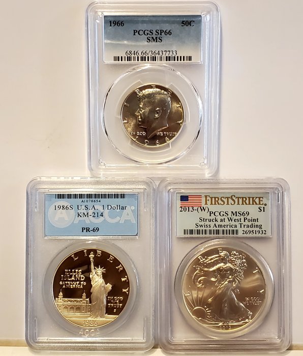United States. Half Dollar 1966 + Dollar 1986-S + Dollar 2013-W (3 coins) in PCGS Slabs